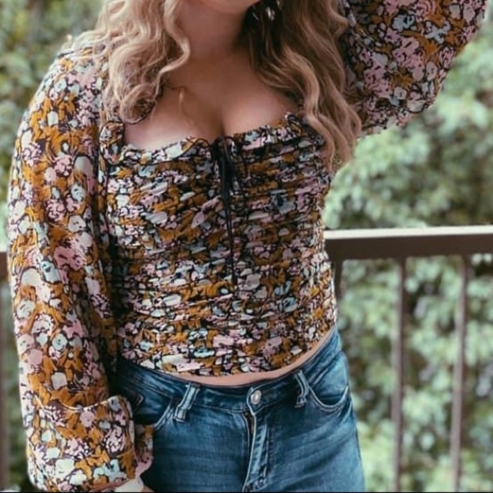 Free People Long Sleeve Floral Ruched Top